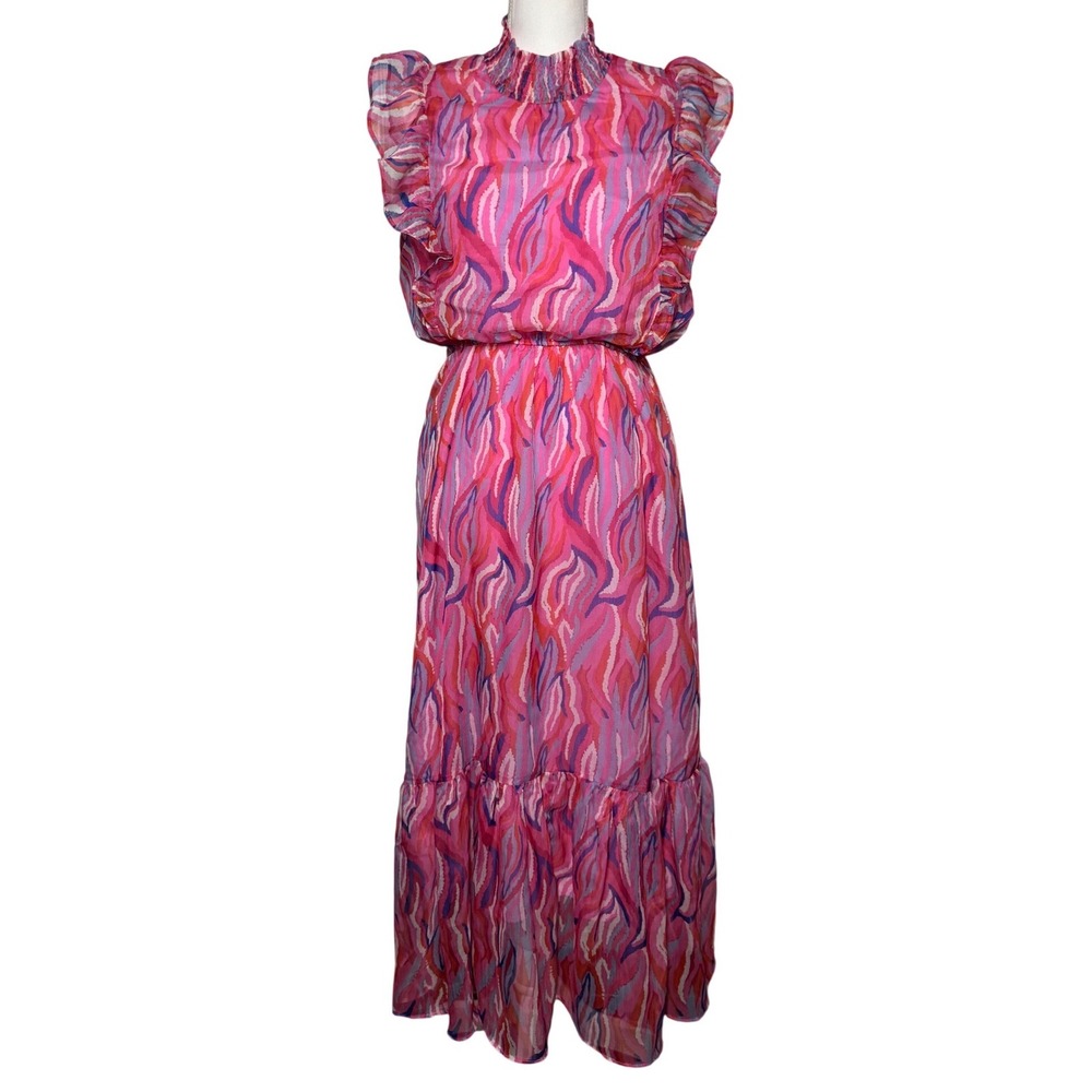 ee:some Sleeveless Abstract Swirl Maxi Dress L Pink Purple Excellent Ruffle